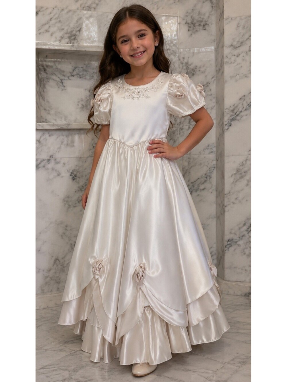 Mon Cheri Flower Girl Dress Size 7 Ivory Satin Formal Wedding Pageant Gown